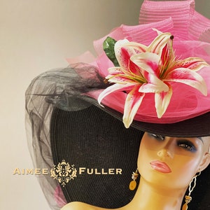 Kentucky Derby Hat, High Tea Black Large Brim Hat Giant Pink Stargazer Lilies Easter Hat, Del Mar Races Galas Royal Ascot Melbourne Cup Polo