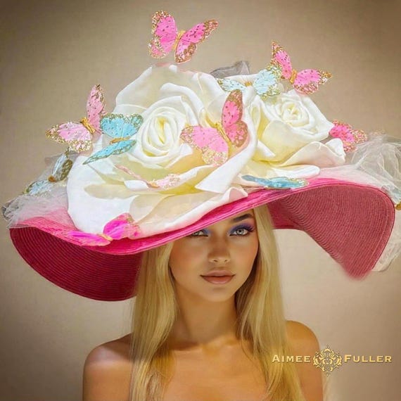 Kentucky Derby Hat, Pink High Tea White Cream Derby Hat  display picture 1
