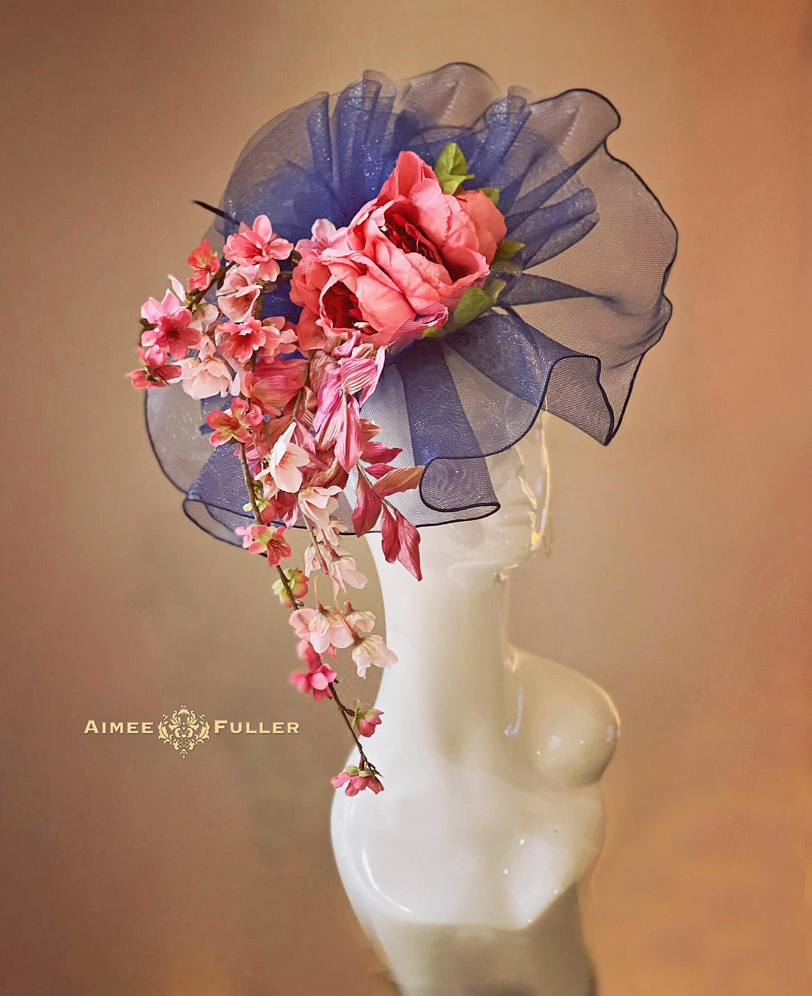 Blue Kentucky Derby Fascinator Hat with Pink Flowers kentucky derby fascinator hat blush light pink satin flower  main image 2