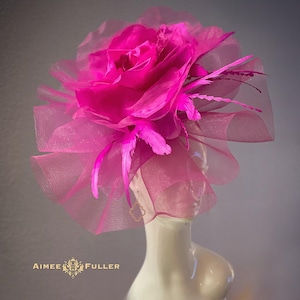 Kentucky Derby Hat Fascinator, Large Fuchsia Rose Hat, Royal Ascot Hat Fascinator, Melbourne Cup, Pink Bridal Headpiece Ruffled Hot Pink Hat