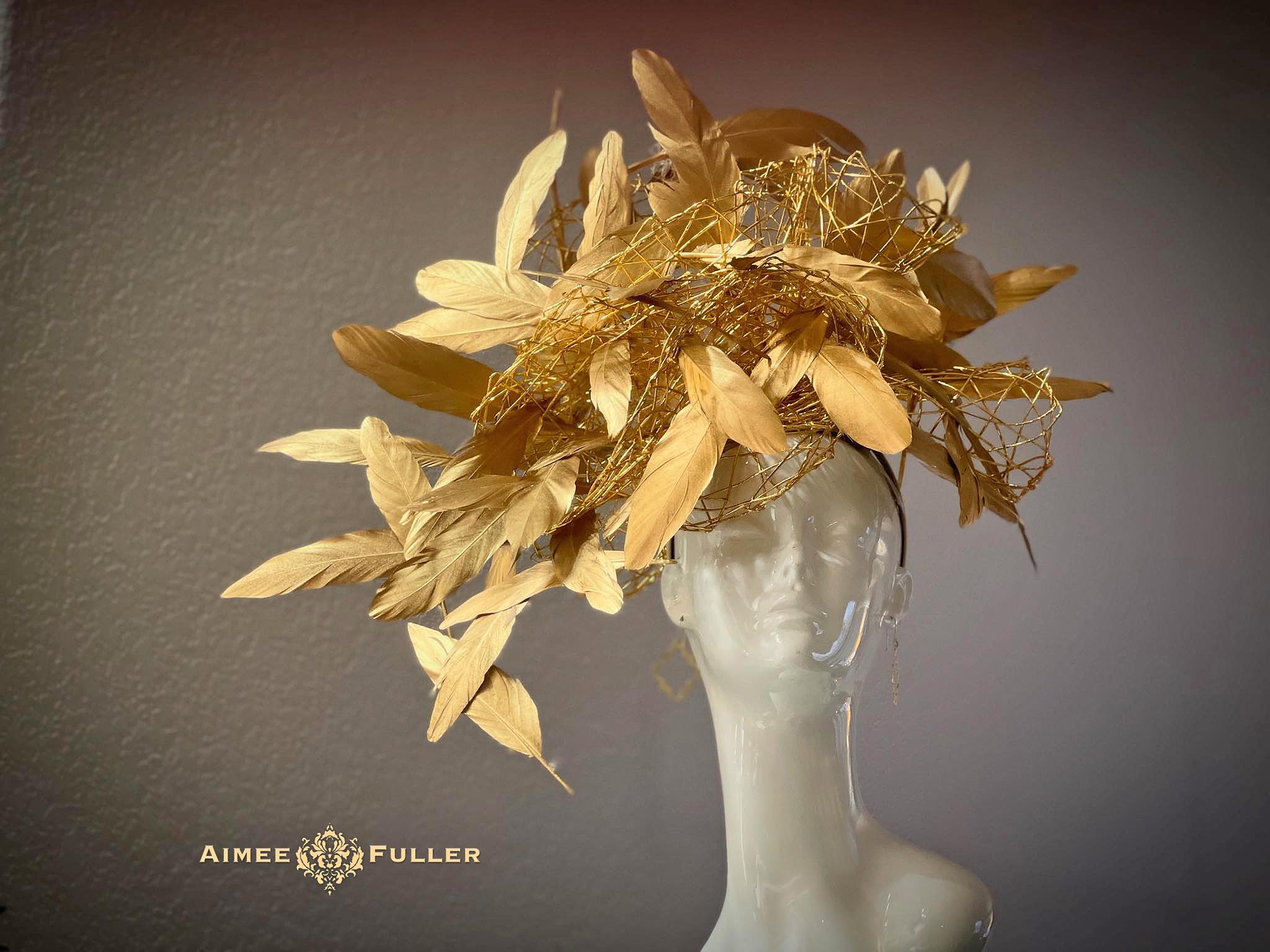 Kentucky Derby Hat Fascinator Wild Gold Feather Hat Del Mar Races Hat, Golden Royal Ascot Hat, Huge Hat Epsom Races, Breeders' Cup Hat
