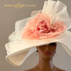 Pink Kentucky Derby Hat, High Tea Ivory White Cream Large Brim Hat, Pink Rose Bridal Hat, Easter Hat Del Mar Races Royal Ascot Melbourne Cup