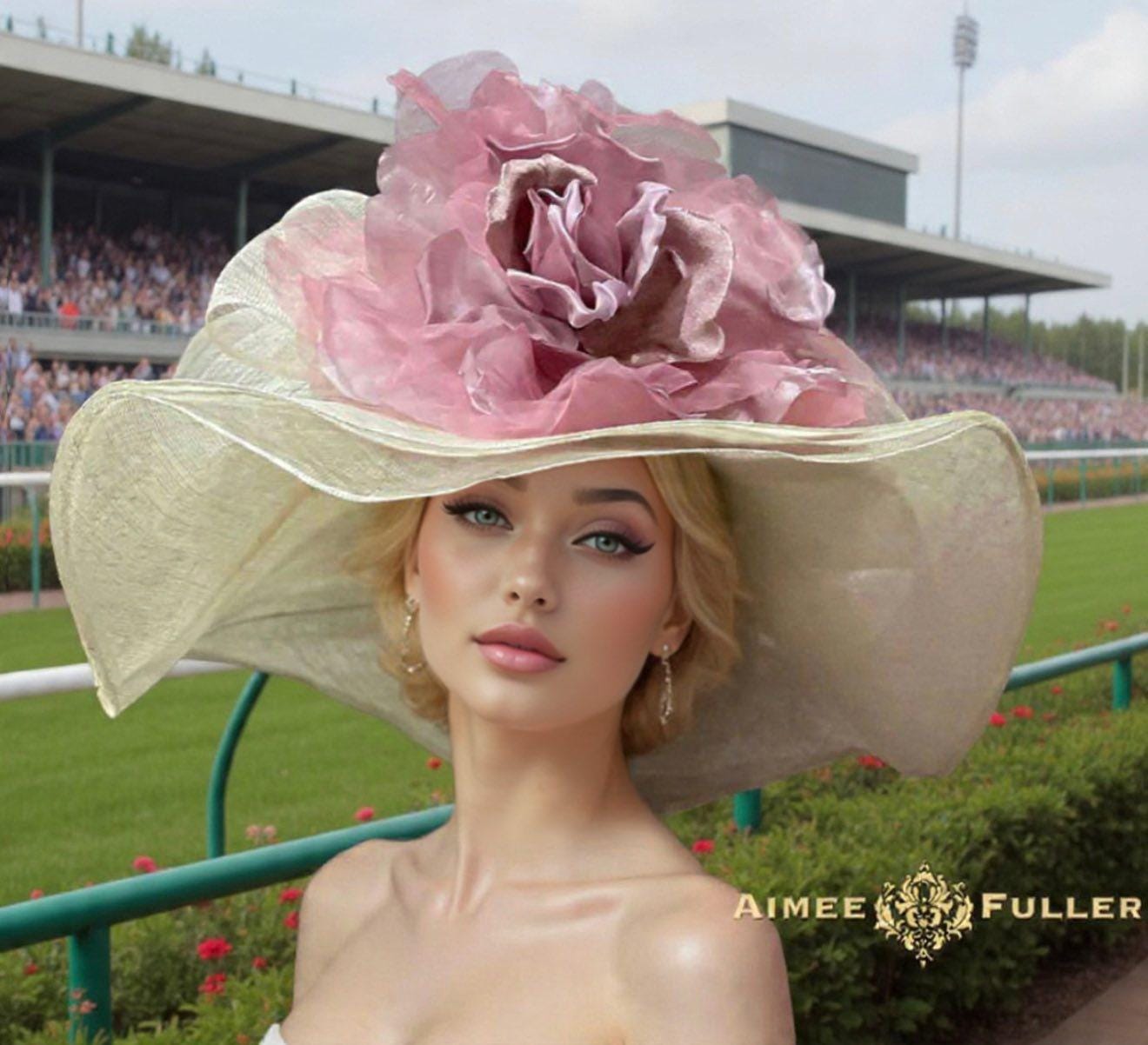 Hot Pink Kentucky Derby Hat, High Tea White Cream Derby Hat 