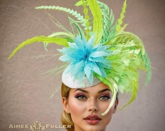 Kentucky Derby-hoed tovenaar, cocktailhoed, aquablauw, mintgroen, appelgroen en wit tovenaar, Del Mar-hoed, Royal Ascot-hoed