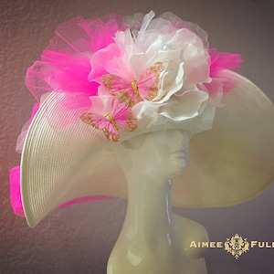 Kentucky Derby Hat, High Tea White Hot Pink Derby Hat, Kentucky Derby Hats for Women, Big Butterfly Hat Pink, Easter, Rose Royal Ascot Hat