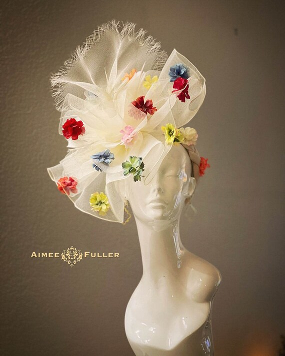Floral Kentucky Derby Hat, Rainbow Flowers Red Pink Blue  display picture 3