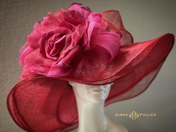 Kentucky Derby Hat, Red Hot Pink Wide Brim Hat, Fuchsia Rose  display picture 1