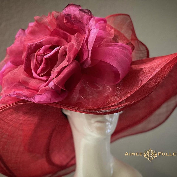 Kentucky Derby Hat, Red Hot Pink Wide Brim Hat, Fuchsia Rose Bridal Hat, Kentucky Oaks Hat, Royal Ascot Hat, Women's Hat, Big Preakness Hat