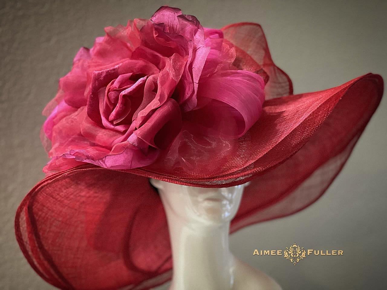 Kentucky Derby Hat, Red Hot Pink Wide Brim Hat, Fuchsia Rose 