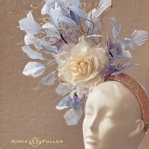 Kentucky Derby Fascinator, Periwinkle Off-White Rose Floral Hat, Butterfly High Tea Hat, Royal Ascot, Easter, Melbourne Cup, Del Mar Hat 画像 3