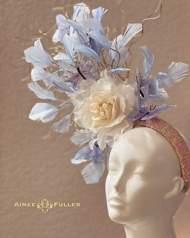 Kentucky Derby Fascinator, Periwinkle Off-White Rose Floral Hat, Butterfly High Tea Hat, Royal Ascot, Easter, Melbourne Cup, Del Mar Hat image 3