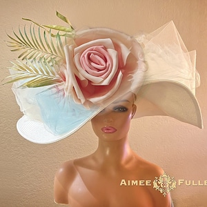 Kentucky Derby Hat, Palm Leaf Hat, High Tea White Cream Large Brim Hat, Pink Ombre Rose Flower Bridal Hat Kentucky Oaks Hat, Royal Ascot Hat