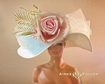 Sombrero de hoja de palma, sombrero de derby de Kentucky de ala grande de crema blanca de té alto, sombrero nupcial de flor de rosa ombre rosa, sombrero de Pascua, sombrero de Ascot real del Mar