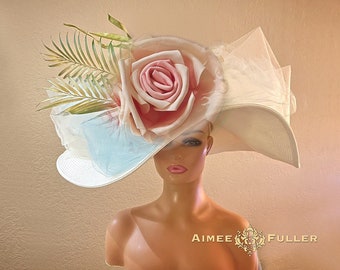 Kentucky Derby Hat, Palm Leaf Hat, High Tea White Cream  display picture 2