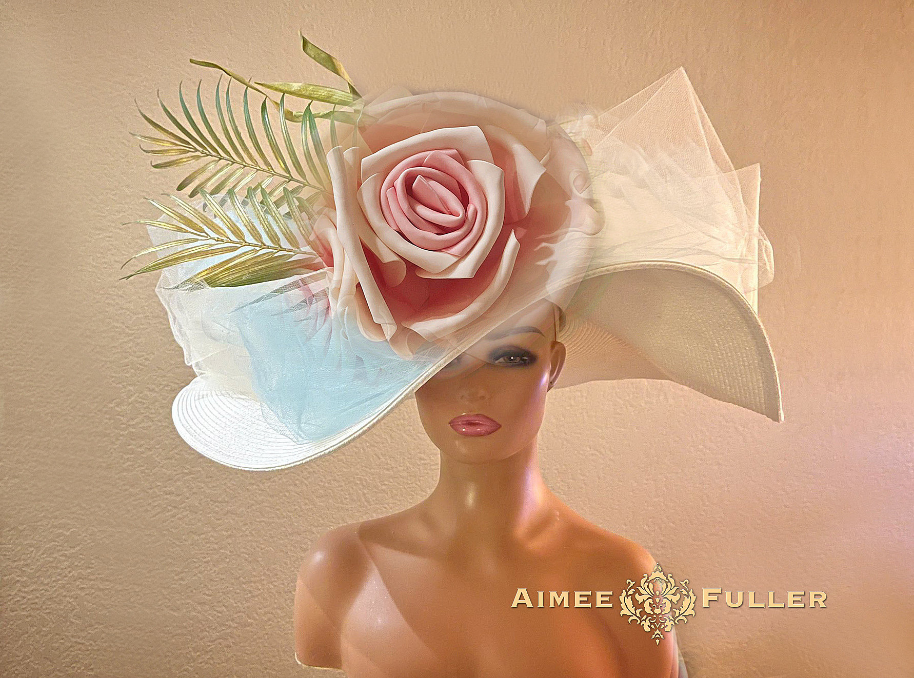 Kentucky Derby Hat, Palm Leaf Hat, High Tea White Cream Large Brim Hat, Pink Ombre Rose Flower Bridal Hat Kentucky Oaks Hat, Royal Ascot Hat