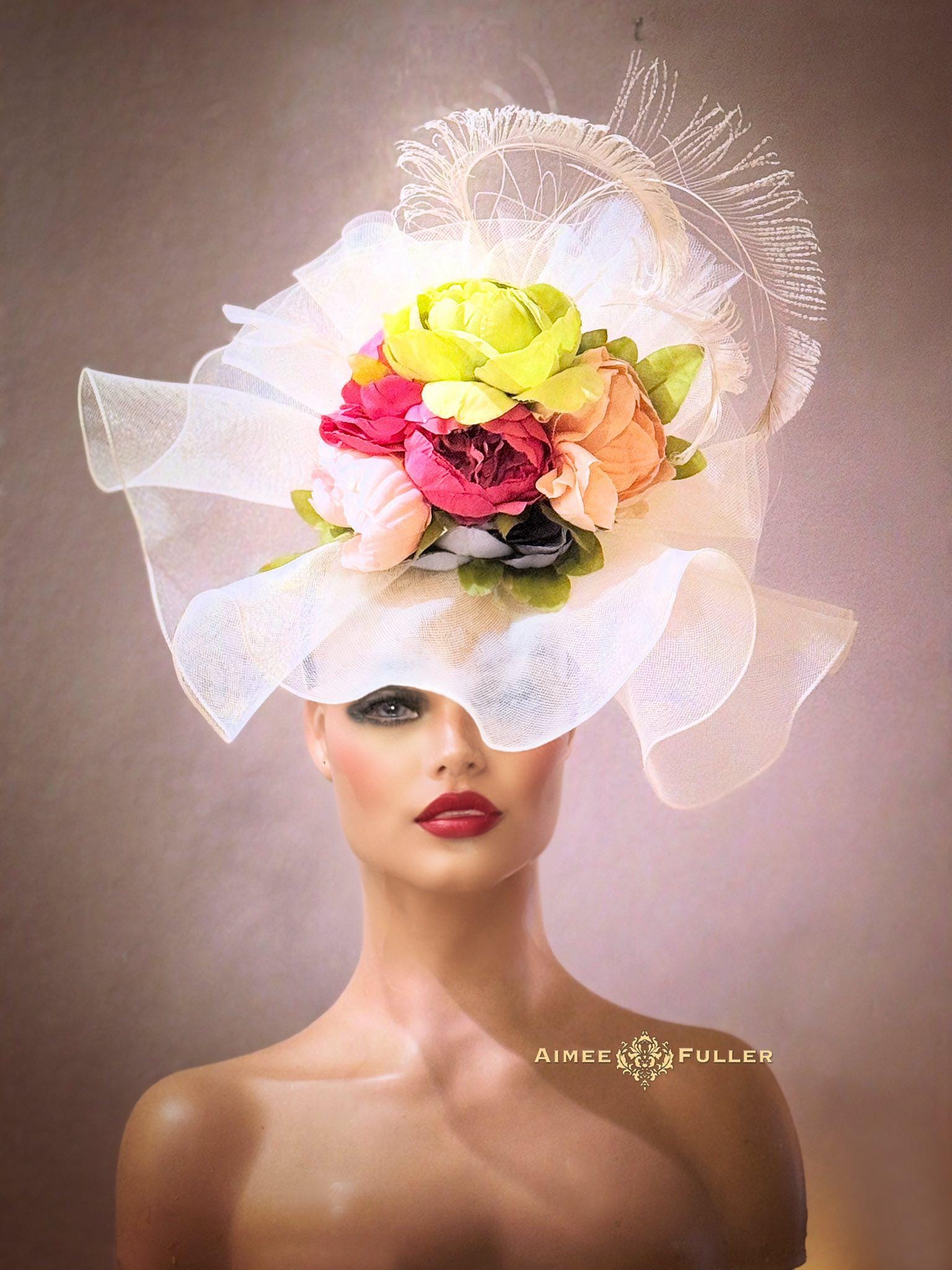 7346 Elegant Fascinator Hat With Flower And Feathers, Special Occasion kentucky derby hat fascinator with coral orange zigzag  main image 2