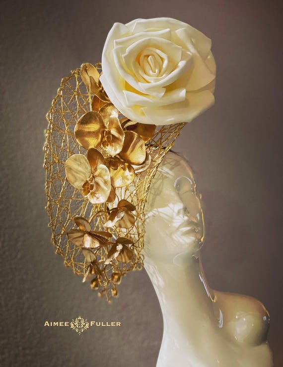 Gold Kentucky Derby Fascinator, Metallic Gold Peony Royal  display picture 3