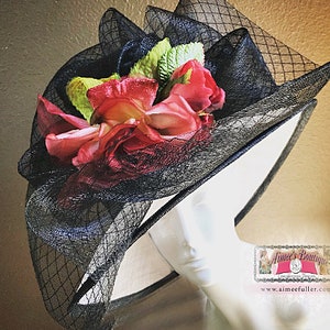 Kentucky Derby Hat, Black White Couture Silk Red Roses, Easter Hat, Church Hat, High Tea, Del Mar Races Bridal Melbourne Cup Royal Ascot Hat