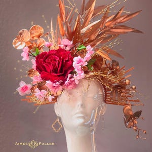 Kentucky Derby Hat, Headband Gold Orchid Halo, Gold Hat, Metallic Gold Floral Fascinator, Royal Ascot Hat, Pink Cherry Blossom Red Rose Hat
