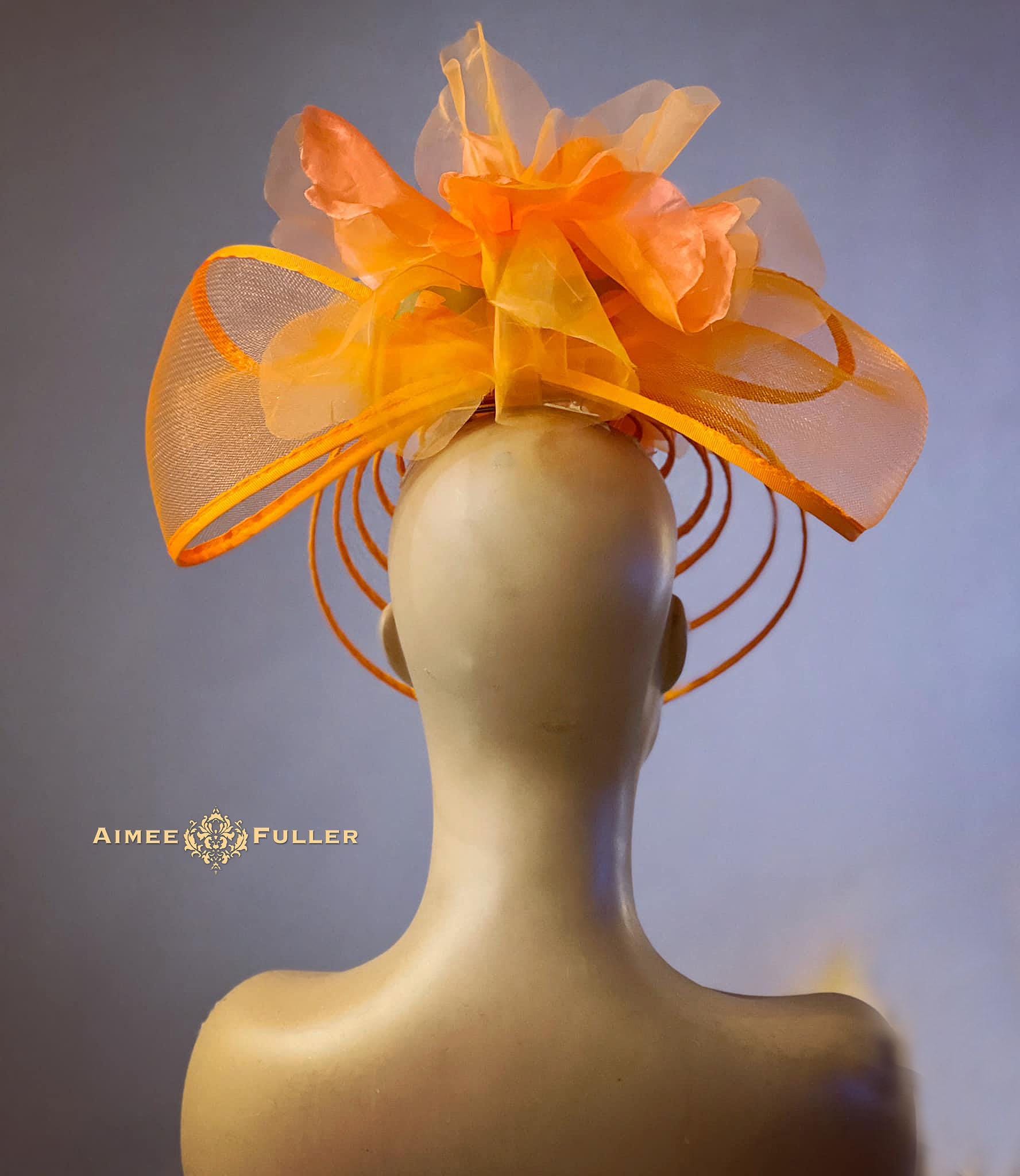 Orange Swirl Fascinator Dressy Bow Church Hat Womens Derby Pillbox Fascinator Kentucky Derby Hat | Bright Orange Crinoline Fascinator  main image 3