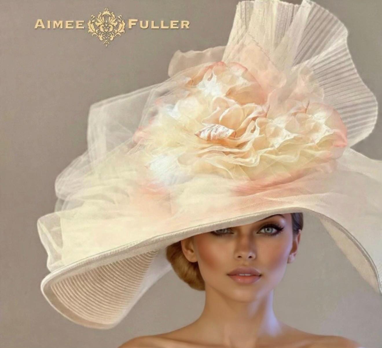 Pink Peach Ombre Kentucky Derby Hat, High Tea Ivory White 