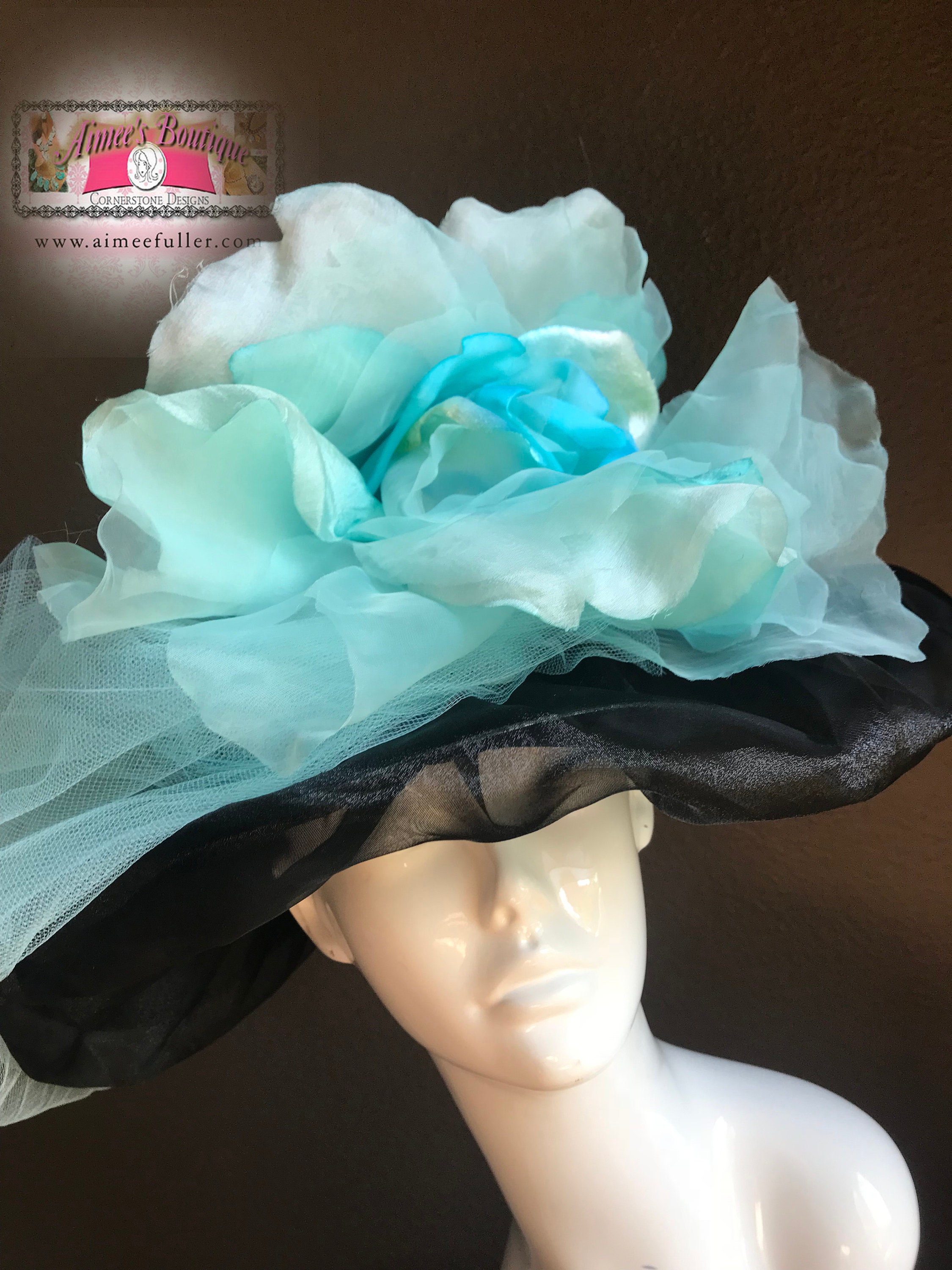 Black Kentucky Derby Hat, Turquoise Aqua Blue Silk Rose Hat  display picture 2
