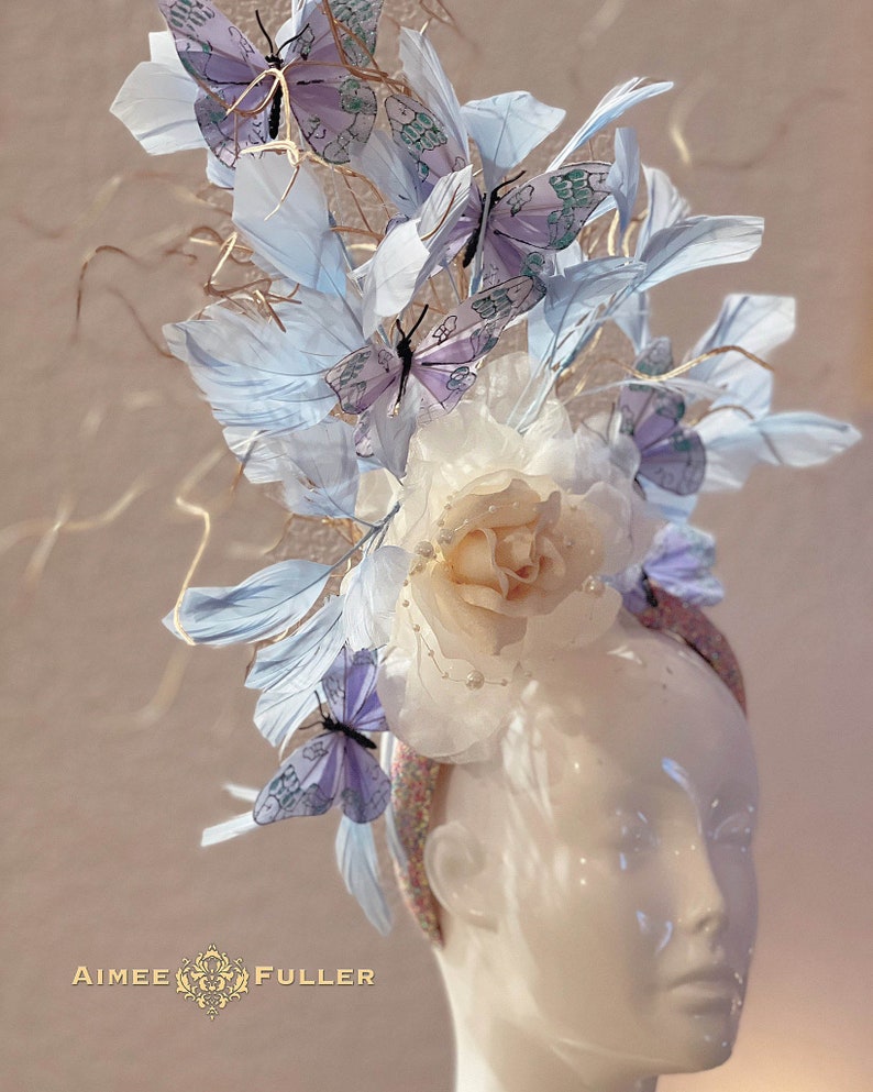 Kentucky Derby Fascinator, Periwinkle Off-White Rose Floral Hat, Butterfly High Tea Hat, Royal Ascot, Easter, Melbourne Cup, Del Mar Hat image 4