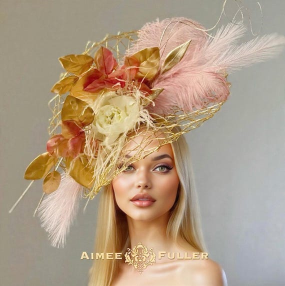 Kentucky Derby Oaks Gold Floral Fascinator Hat with Pink Floral Large Gold Leaf Floral Kentucky Derby Hat, Mauve Pink Green Royal Ascot  main image 2