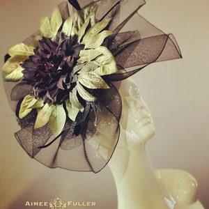 Kentucky Derby Fascinator, Black Hat, Gold Leaf Dark Eggplant Purple Flower Del Mar Races Galas Royal Ascot Hat, Melbourne Cup Gilded Age