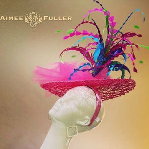 Kentucky Derby Hat Fascinator, Apple Green Hot Pink Fuchsia Purple Turquoise Blue Fascinator, Feathery Headpiece Del Mar Hat Royal Ascot Hat