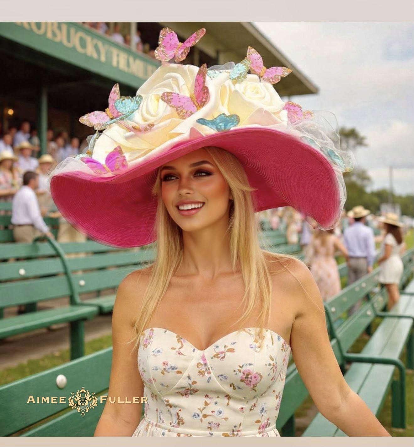VTG Pink White Church Derby Tea Party Hat Coastal Prep Palm Beach Preppy Palm Beach Style L P Handmade Derby /tea Hat  main image 2