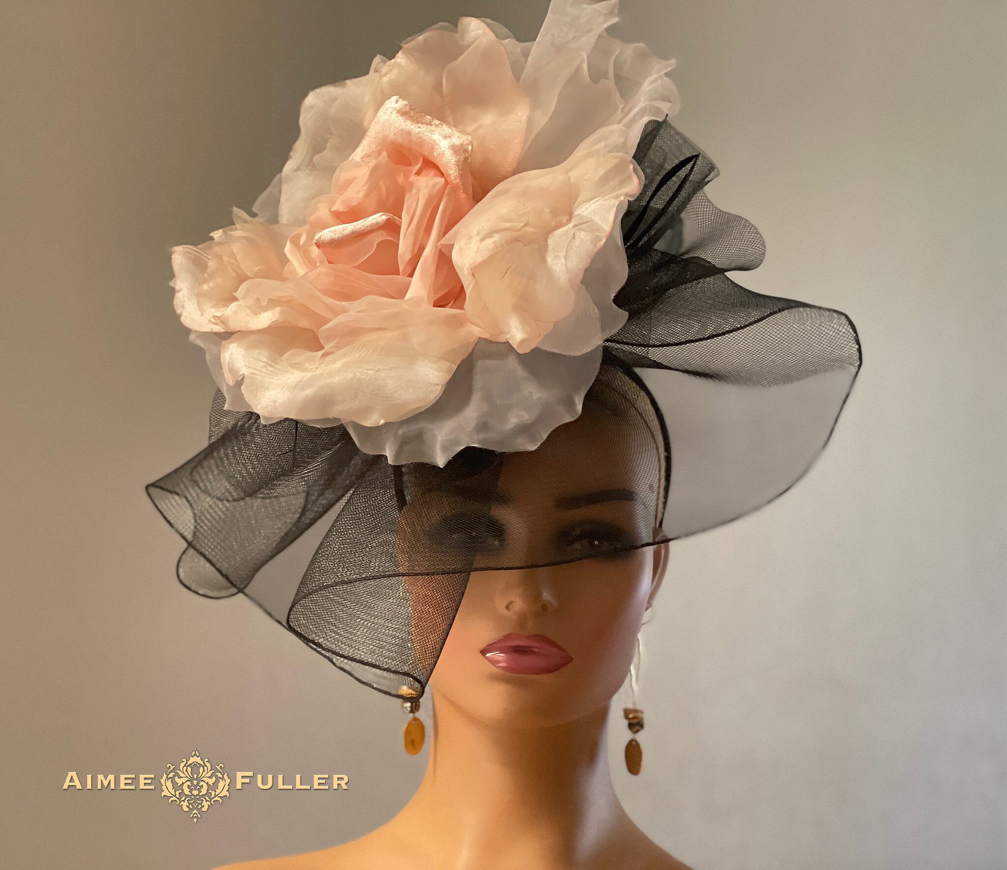 High Tea Black Fascinator Hat Soft Pink 