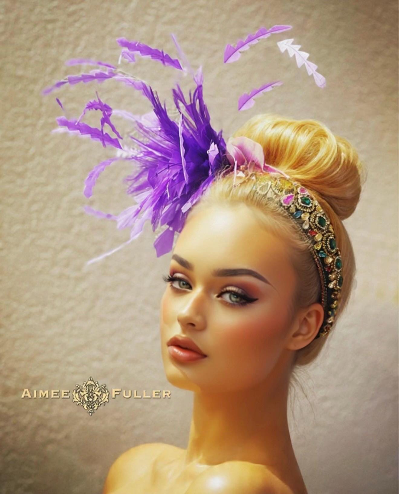 Purple Fascinator Hat Breeders Cup Disc Netting Bow Feather Church Derby Tea Hat Purple Flower Fascinator Derby Hat, Big Crinoline Bow  main image 4
