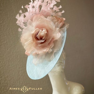 Kentucky Derby Hat, Light Powder Blue Sinamay Salmon Pink Rose Flower Bridal Fascinator, Easter Hat, Del Mar Hat, Big Royal Ascot Hatinator