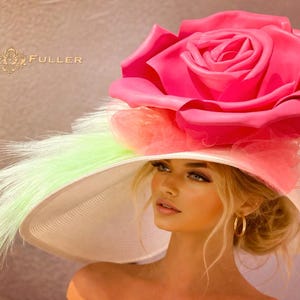 Enorm Kentucky Derbyhatt, knallrosa bubbelgumsrosa mintvit damhatt, High Tea stor brätte rosa Del Mar Royal Ascot Derbyhattar för kvinnor