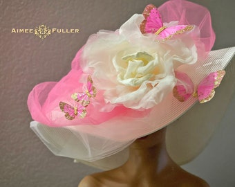 Hot Pink Kentucky Derby Hat, High Tea White Cream Derby Hat, Kentucky Derby Hats para mujeres, Big Butterfly Hat Pink, Easter Royal Ascot Hat