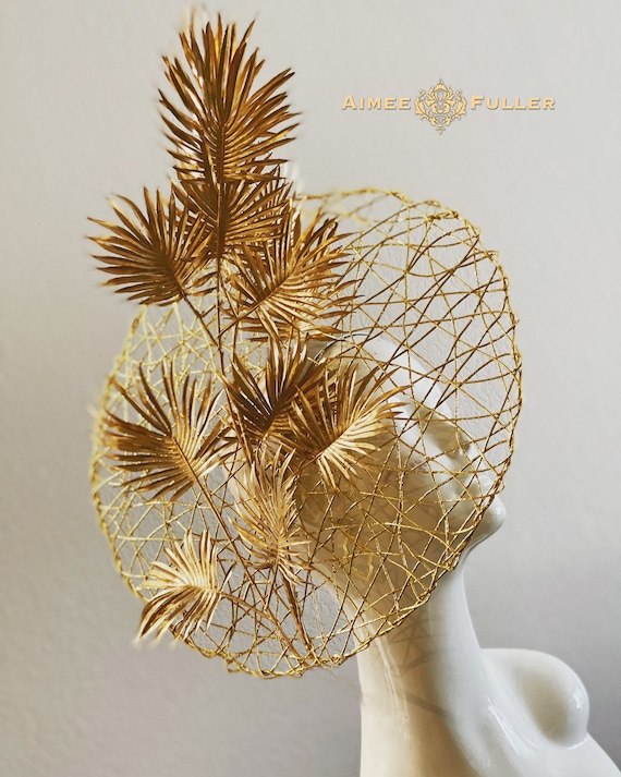 Kentucky Derby Hat Fascinator, Gold Metallic Palm Leaf Hat  display picture 1