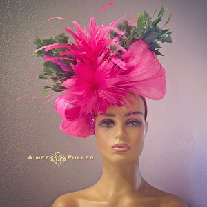 Hot Pink Kentucky Derby Hat, Pink and Forest Green Derby Fascinator, Bridal Fascinator, Royal Ascot Hat, Preakness, Easter Hat Melbourne Cup