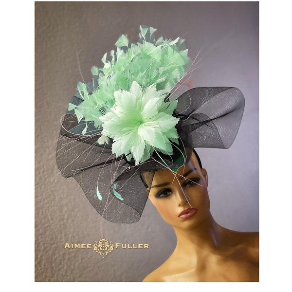 Kentucky Derby Fascinator, Black Mint Green Fascinator, Cocktail Hat Feathers, Del Mar Races Hat, Royal Ascot Fascinator Hat, Preakness Hat