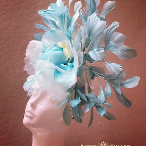 Kentucky Derby Hat Fascinator, Aqua Rose Bridal Hat, Cocktail Hat, Turquoise Aqua Blue with Lime Yellow Shades, Aqua Blue Royal Ascot Hat