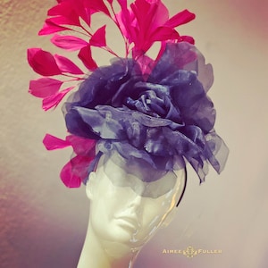 Navy Blue Bridal Fascinator, Midnight Blue Silk Rose Flower Kentucky Derby Hat, Fuchsia Royal Ascot Fascinator, Melbourne Cup Hat Easter Hat