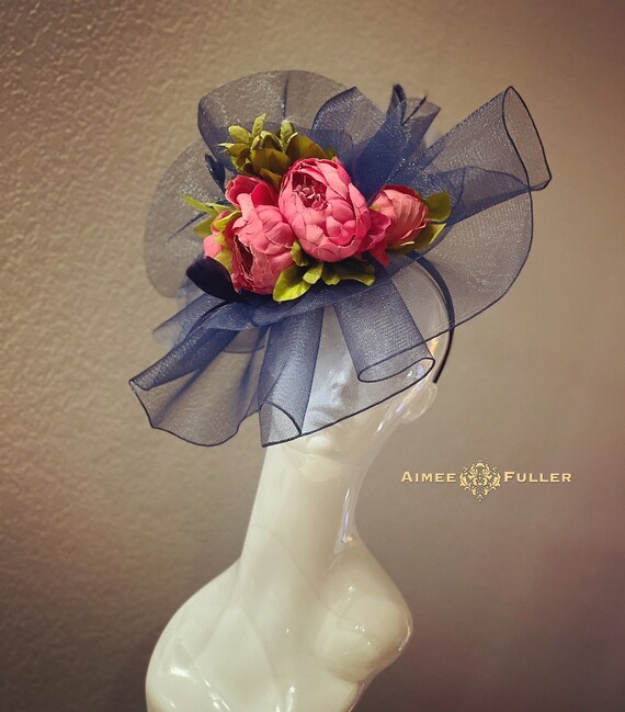 Kentucky Derby Oaks Dark Brown Woven Mesh Fascinator with Blue Floral Accent Serving #Derby elegance and couple goals at the Kentucky  main image 2