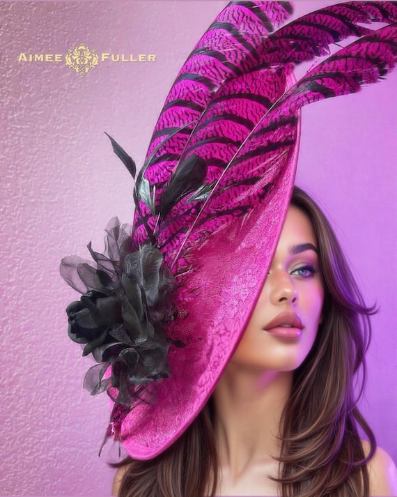 Kentucky Derby Hat, Bold Fuchsia Pink Fascinator, Black Rose  display picture 3