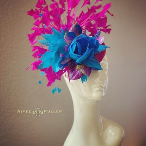 Kentucky Derby Hat Fascinator, Fuchsia Pink Turquoise Blue Feather Flower, Royal Ascot Hat Fascinator, Bridal Hat, Kentucky Oaks Hat, Easter