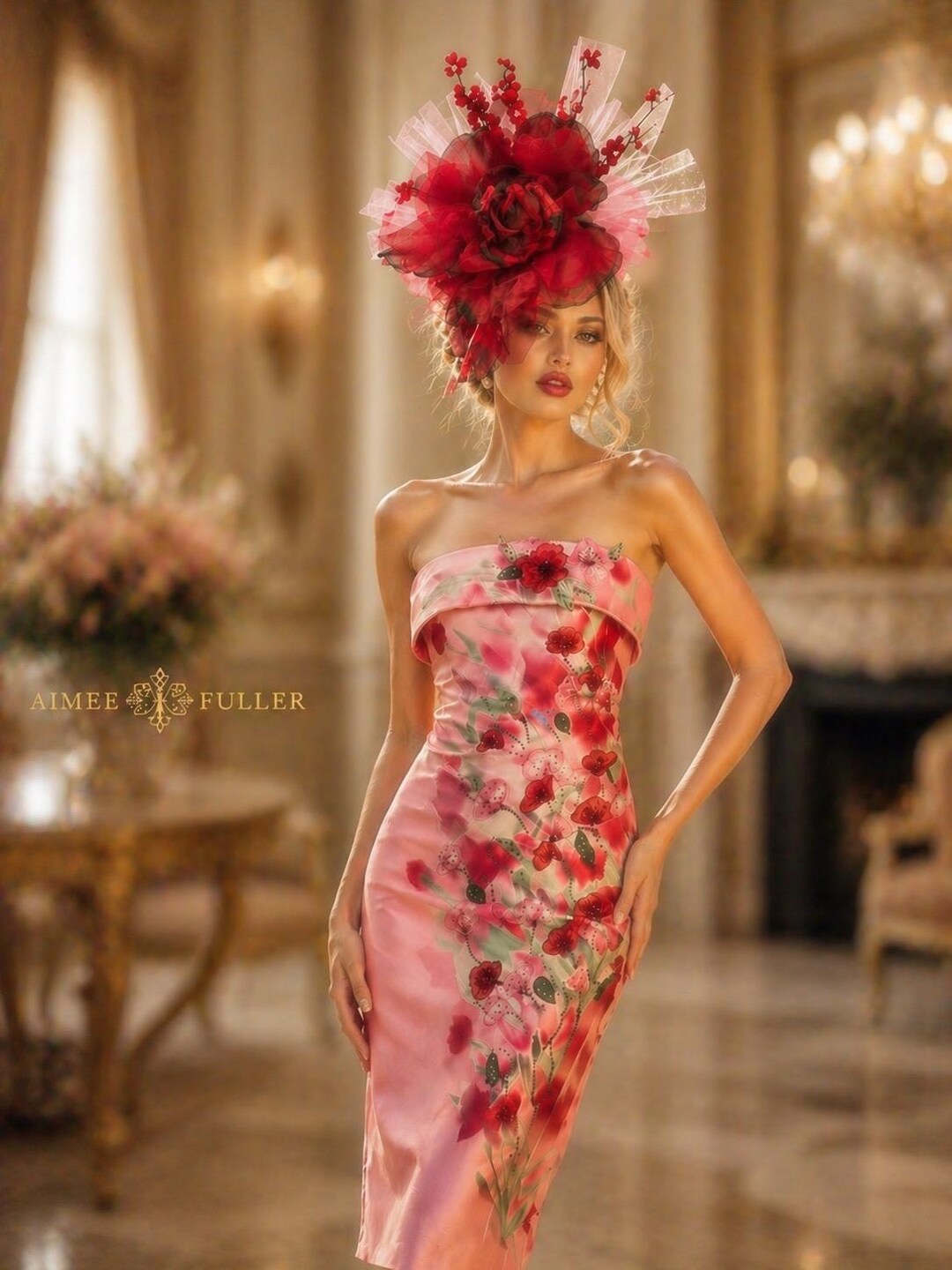 Red Ruffle Ascot Kentucky Derby Hat Fascinator, High Tea Cocktail Hat, Pink Ruffled ...