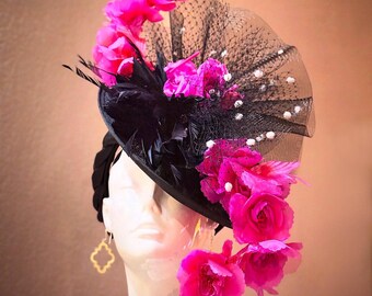 Kentucky Derby Hat, Big Hot Pink and Red Derby Fascinator  display picture 1