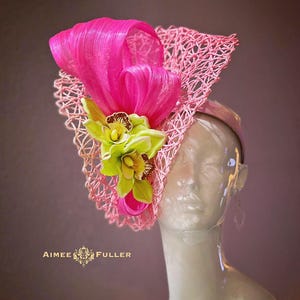 Kentucky Derby Hat Fascinator, Hot Pink Silk Hat, Lemon Lime Yellow Pale Green Orchid Fascinator, Del Mar, Pink Easter Hat, Royal Ascot Hat
