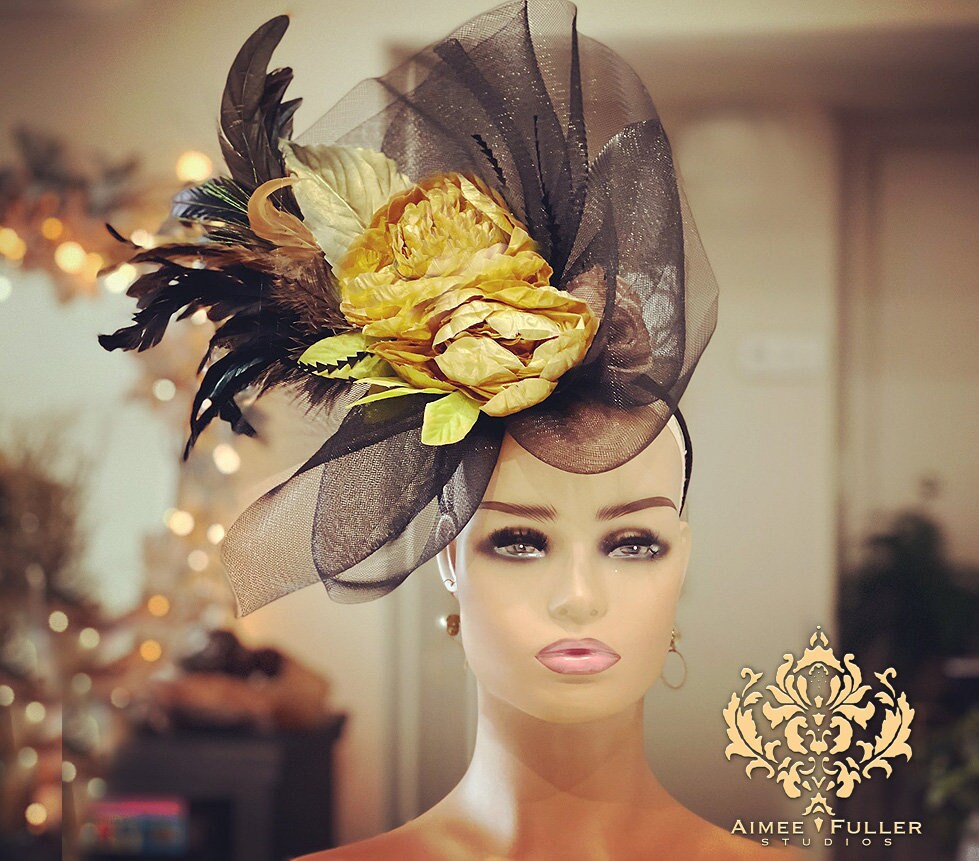 Kentucky Derby Hat, Black and Gold Fascinator, Gold Peony 