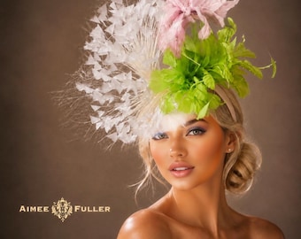 Cappello fascinator Kentucky Derby, verde mela, blu, crema, piume bianco sporco, cappello fascinator Royal Ascot, cappello di Pasqua, Breeders Cup, Del Mar