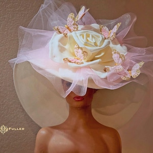 Kentucky Derby Hat, High Tea White Cream Derby Hat, Kentucky Derby Hats for Women, Big Butterfly Hat Pink, Easter Royal Ascot Hat